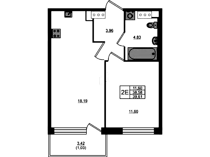 1-комнатная квартира 38.58 м², 5/5 эт., ЖК «Plus Пулковский»